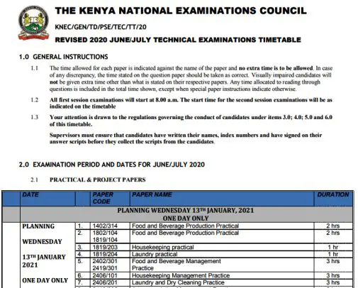 2021 Technical Exams Timetable.