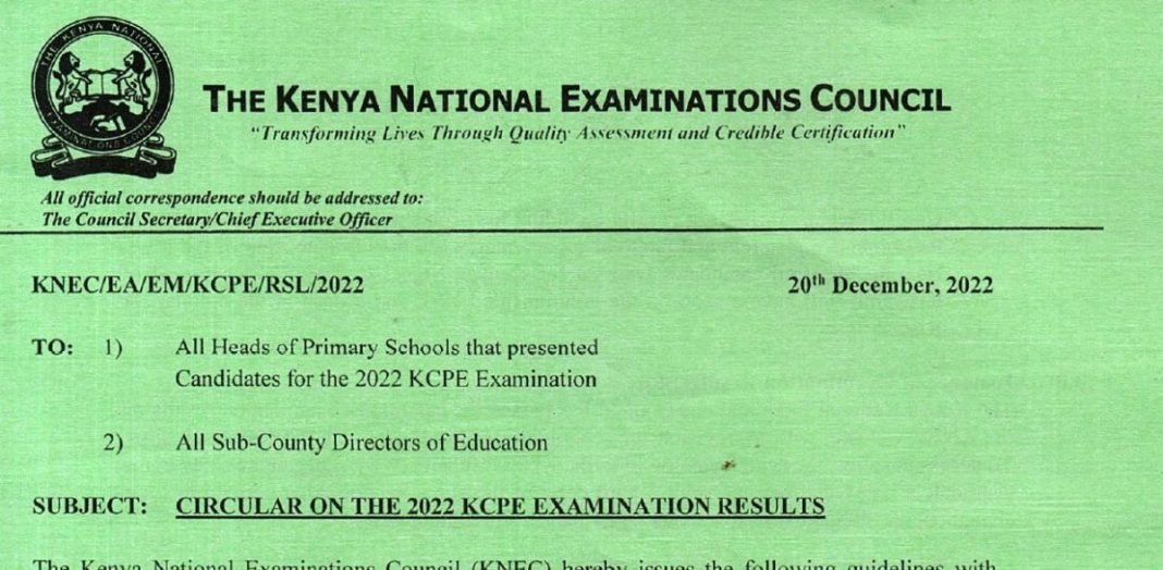 KNEC circular on the 2022 KCPE examination results - Newsblaze.co.ke