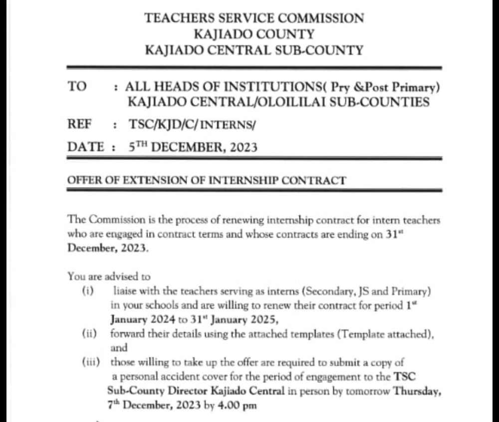 Read more about the article TSC asks Head Teachers to assist Intern Teachers in renewing contracts to December 2024