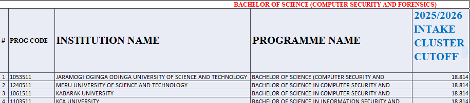 Bachelor of Computer Security & Forensics Kuccps Cluster Cutoff Points 2025/2026