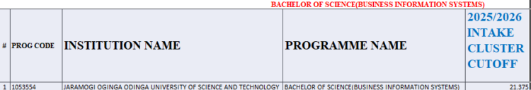 Bachelor of Business Information Systems Kuccps Cluster Cutoff Points 2025/2026