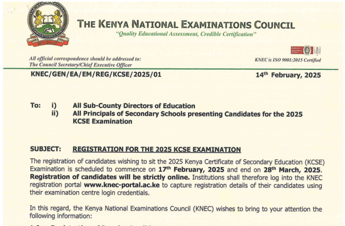 Knec circular on KCSE 2025 candidates registration