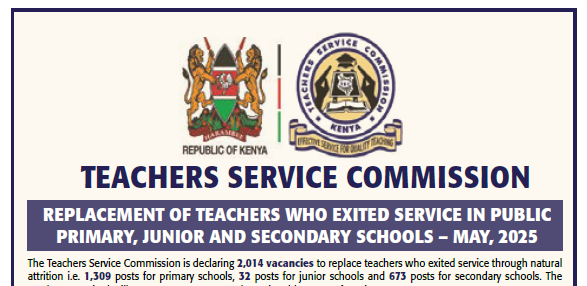 TSC LAtest Advert- TSC advertised vacancies in May 2025 TSC advert for 2,014 Teachers' replacement vacancies in May 2025