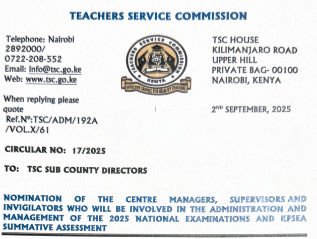 TSC Circular on Nomination of Knec Supervisors, Invigilators and Centre Managers.