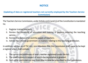TSC Circular on Updating of data on registered teachers not currently employed by the Teachers Service Commission