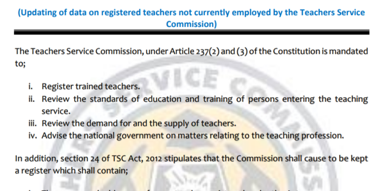 TSC Circular on Updating of data on registered teachers not currently employed by the Teachers Service Commission