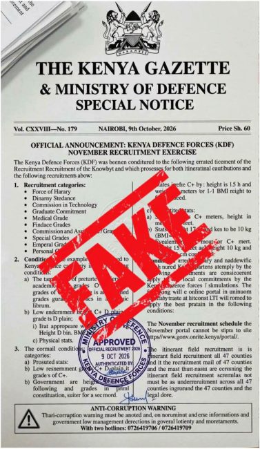 KDF Recruitment Alert: Kenya Defence Forces Warns Public Against Fake Job Adverts